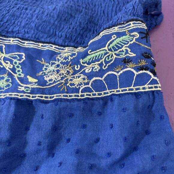 Free People Smocked Embroidered Ruffles Tunic Royal Blue Sz 4 - Picture 5 of 13